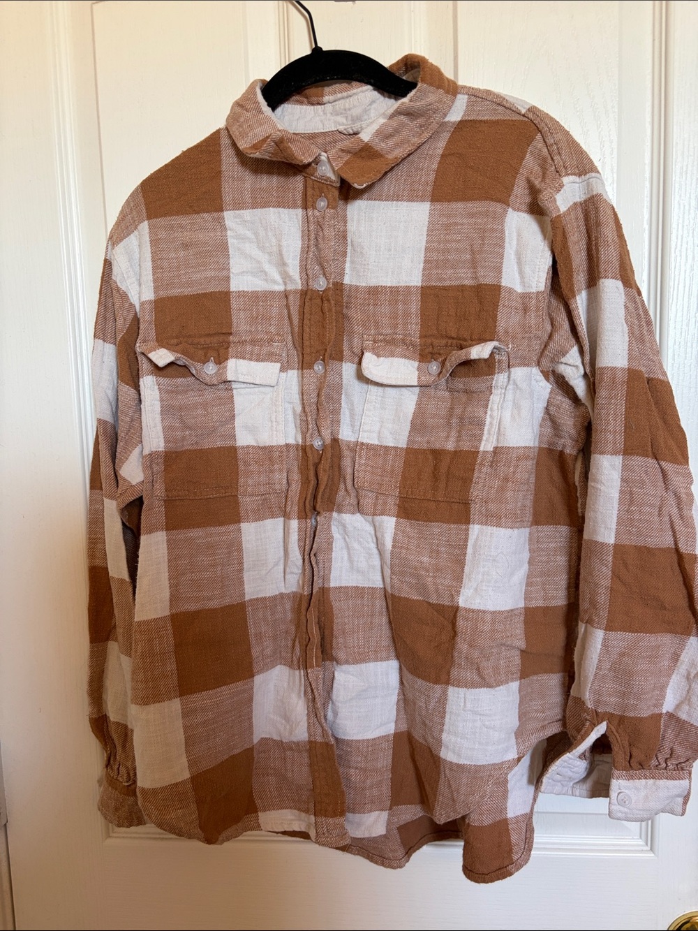 Women’s Brown and White Plaid Button-Up Shirt
